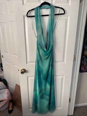 Zara Teal Green Ombre Backless Halter Dress